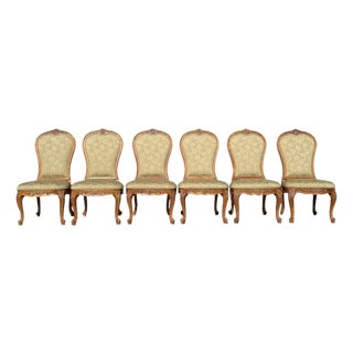 Century Furniture French Provincial Carved Wood Dining Chairs With Olive Damask Upholstery, Set of 6 For Sale