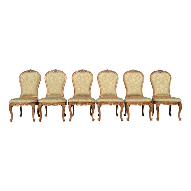 Century Furniture French Provincial Carved Wood Dining Chairs With Olive Damask Upholstery, Set of 6 For Sale