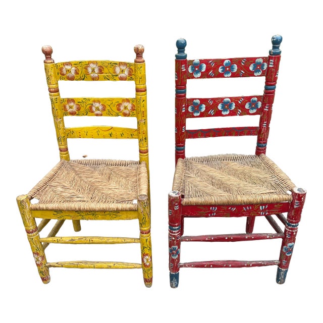 1940s Vintage Folk Art Hand Painted Dining Chairs - a Pair For Sale