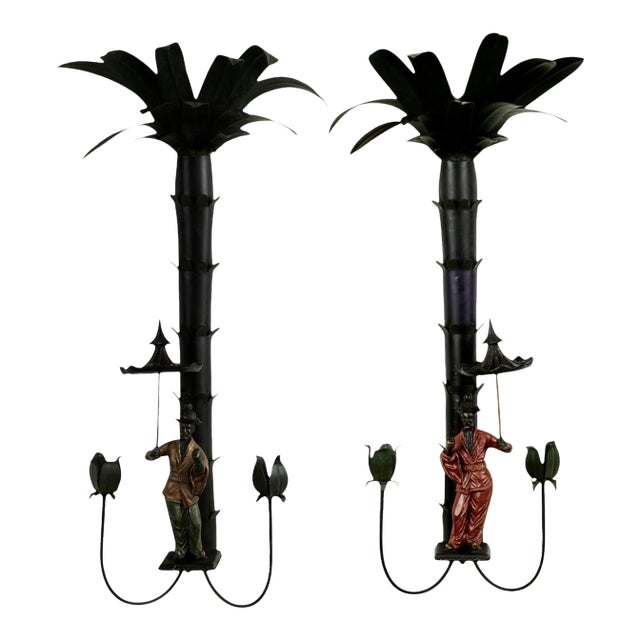 Pair of Vintage Italian Tole Chinoiserie Palm Tree Wall Sconces For Sale