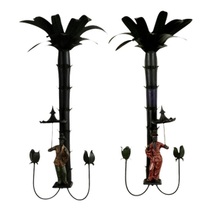 Pair of Vintage Italian Tole Chinoiserie Palm Tree Wall Sconces