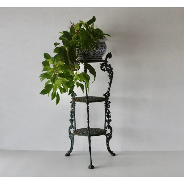 Victorian Style Cast Iron Three Tiered Jardinière Plant Stand Lion Head Paw Footed Details Vintage For Sale - Image 13 of 18