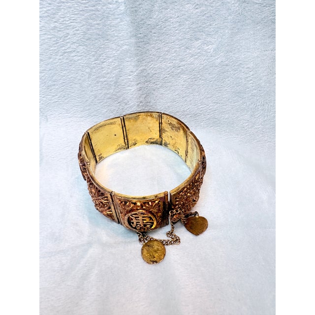 Asian Vintage Mid‑Century Chinese Solid Cast Brass Fú‑Lù‑Shòu Blessings Bracelet For Sale - Image 3 of 13