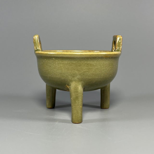 Chinese Vintage‑Style Chinese Longquan Celadon Tripod Censer With Two Handles For Sale - Image 3 of 7