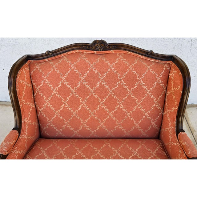 Salmon Vintage French Louis XV Carved Wingback Bergère Oversized Armchair Settee For Sale - Image 8 of 18