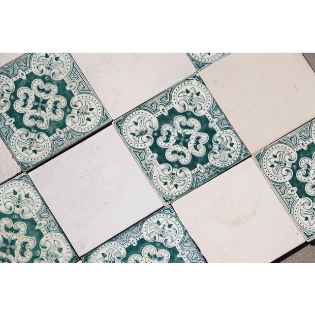 1920s Portuguese Art Deco Tiles Set of 32 Large Green & White Antique Decorative Tiles For Sale - Image 10 of 18