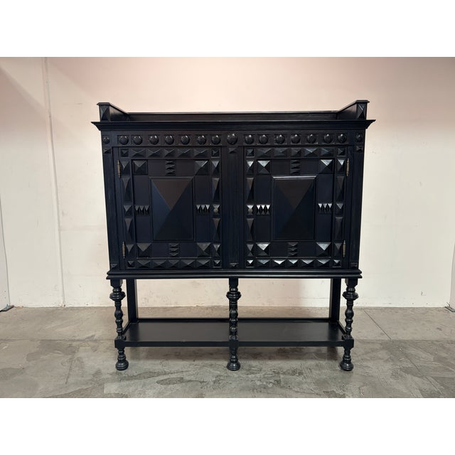 Beautiful Noir Black Lacquer Portuguese Cabinet Top of cabinet sits on base, x2 pieces total.