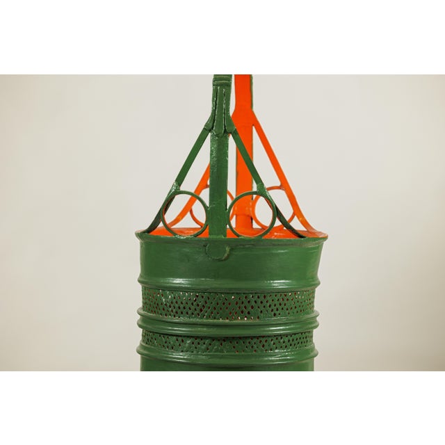 Metal Antique Lacquered Metal Basket with Openwork Design in Green and Orange Finish For Sale - Image 7 of 18