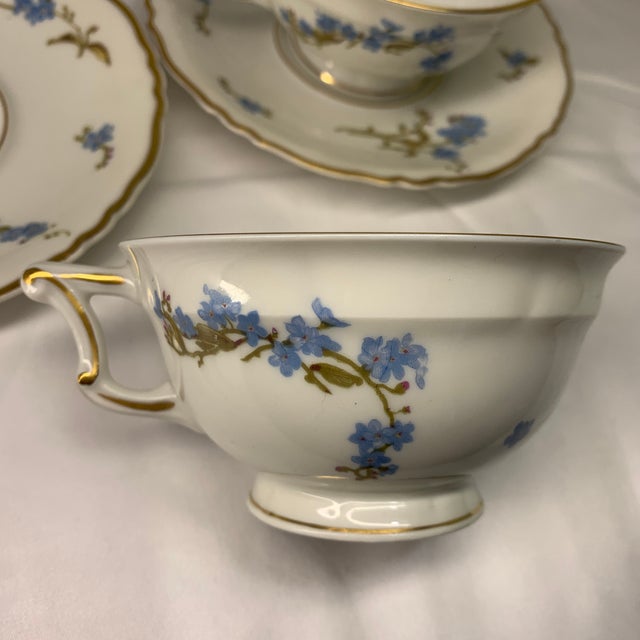 Limoges, France Vintage Limoges Theodore Haviland Montmeri Petite Blue Flowers With Gold Accents Tea Cups With Saucers Set of 5 For Sale - Image 4 of 5
