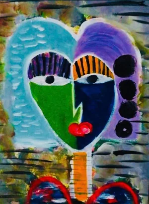 80s Original Abstract Art Outsider Cubist Figural Portrait Painting of a Woman on Canvas