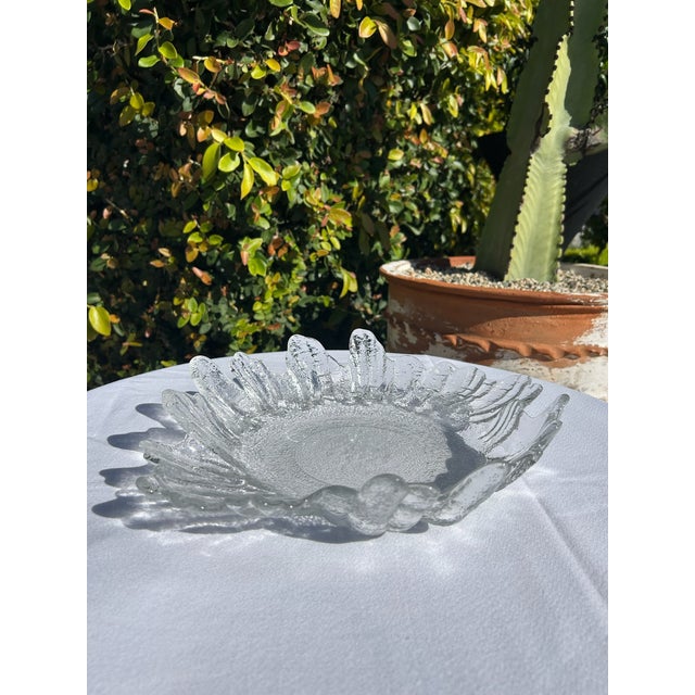 Vintage Scandinavian iced glass platter featuring textured surface and organic sculptural edges. The frosted glass finish...