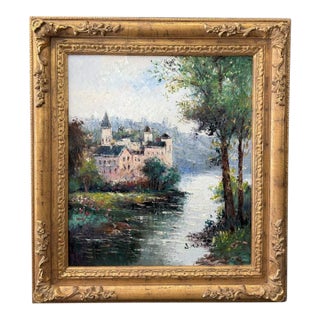 Late 20th Century Original Oil on Canvas of Riverside Castle by W. Eddie For Sale
