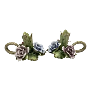 Vintage Midcentury Italian Ceramic Rose Candleholders, a Pair