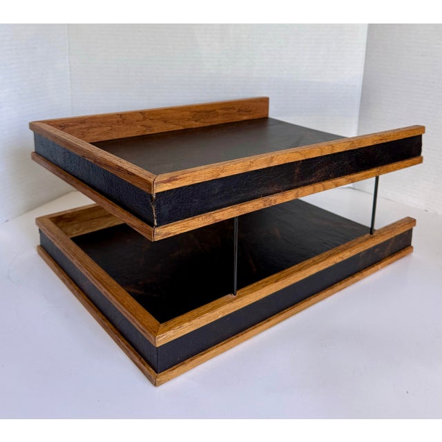 Brown 1960s Mid-Century Modern Oak & Black Leatherette Two-Tier Desk Organizer / Letter Tray For Sale - Image 8 of 12