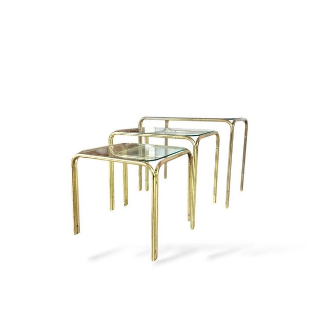 Metal Mid-Century Hollywood Regency Brass and Glass Nesting Tables, 1970s, Set of 3 For Sale - Image 7 of 9