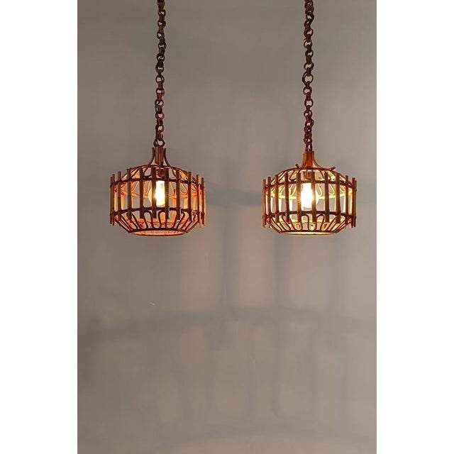 Italian Handcrafted Cane and Rattan Pendants Light in the style of Albini, 1960s, Set of 2 For Sale - Image 11 of 16