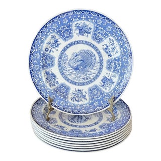 1990s Spode Festival Blue Turkey Dinner Plates England Thanksgiving - Set of 8 For Sale