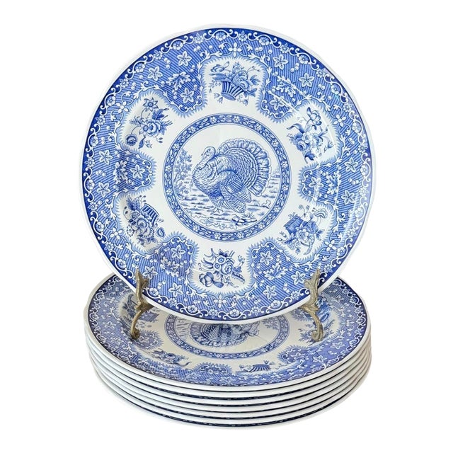 1990s Spode Festival Blue Turkey Dinner Plates England Thanksgiving - Set of 8 For Sale