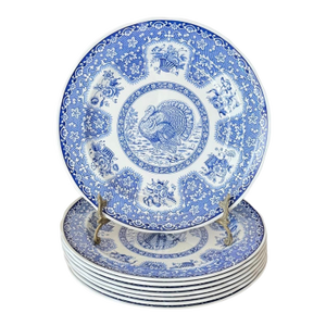 1990s Spode Festival Blue Turkey Dinner Plates England Thanksgiving - Set of 8