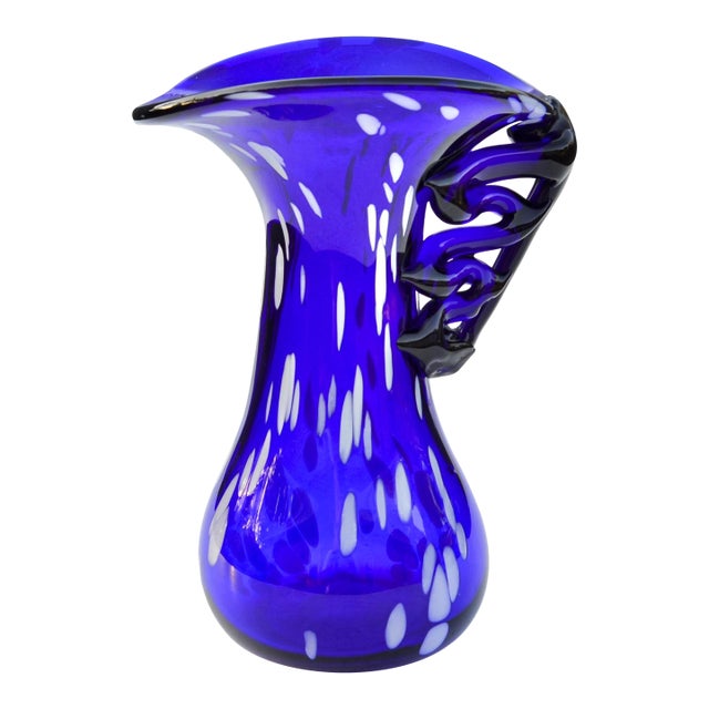 Mid 20th Century Handmade Blue & White Art-Glass Vase With Swirled Handle For Sale