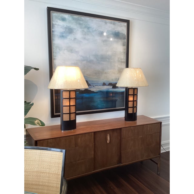 Brown Late 20th Century Asian-Inspired Espresso-Stained Wood & Parchment Grid Table Lamps With New Shades - a Pair For Sale - Image 8 of 8