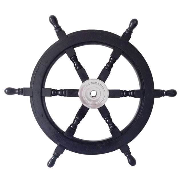 Early 19th Century Nautical Handcrafted 24 Inch Black Wooden Ship Wheel, Home Wall Décor For Sale - Image 6 of 6
