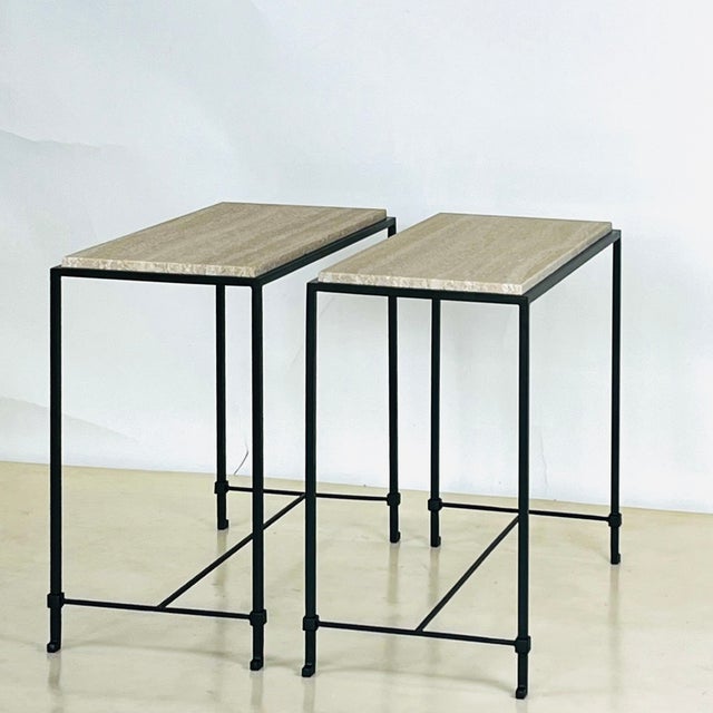 Cream Pair of Narrow 'Diagramme' Travertine End Tables by Design Frères For Sale - Image 8 of 11