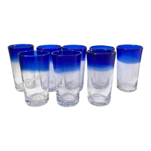 8 Mexican Hand Blown Cobalt Blue Rim Glass Tumbler Pontil Bubble High Ball