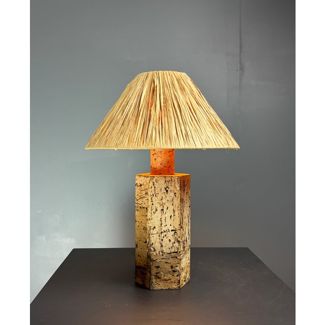 Mid-Century Boho Cork Table Lamp with Raffia Shade in the style of Ingo Maurer, 1970s For Sale - Image 9 of 18