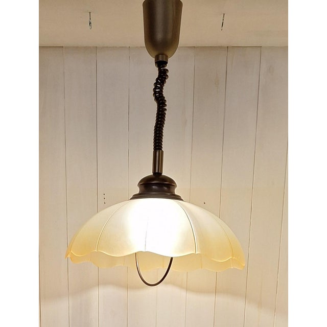 Metal Height-Adjustable Brass Ceiling Lamp with Tinted Segmented Glass Shade, 1980s For Sale - Image 7 of 7
