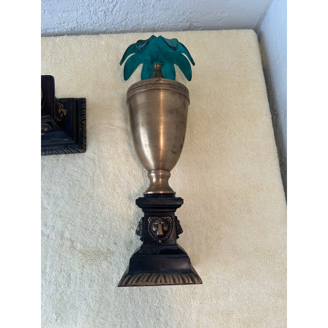 Pair of Vintage Brass Urn Style Candle Holders Palm Tree Style For Sale In Naples, FL - Image 6 of 8