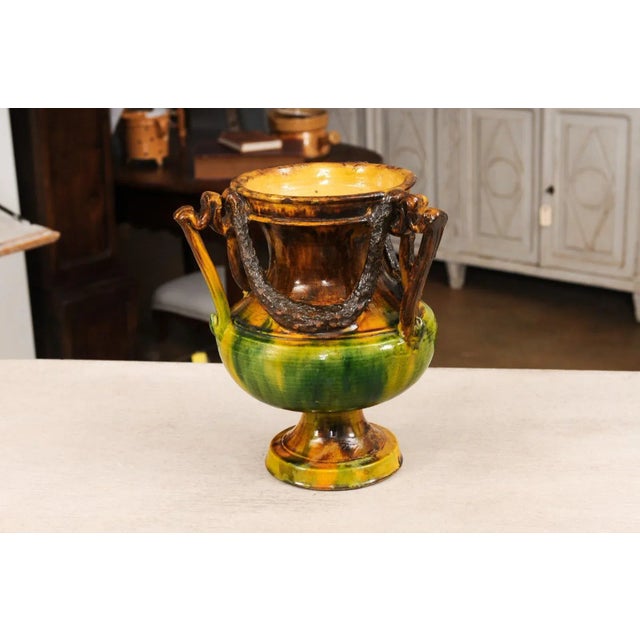 French Classical 19th Century Anduze Multi-Colored Glazed Vase with Swag Motifs For Sale - Image 10 of 12
