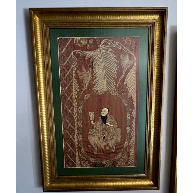 Two framed Late Qing Dynasty silks size 14 x 24 inside fabric size 22 1/2 x 32 1/2 frame. 1 3/4 deep Depicting Immortals...