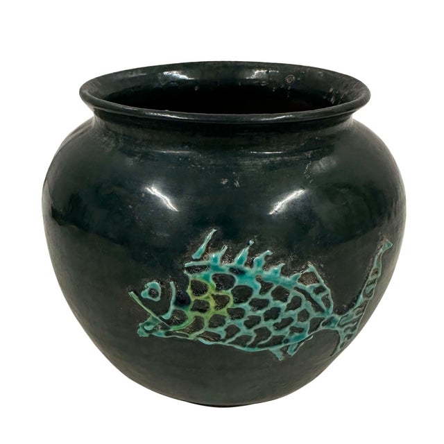 Asian Vintage Decorative Pottery Fish Jar With Dark Green Glaze For Sale - Image 3 of 8