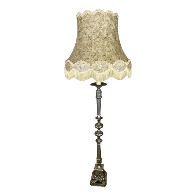 Vintage French Ornate Metal Standing Lamp with Tassel Shade For Sale