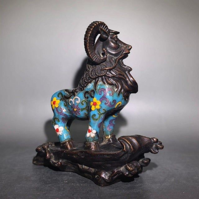 Cloisonné Enamel Ram Statue With Coin Collar For Sale - Image 9 of 9