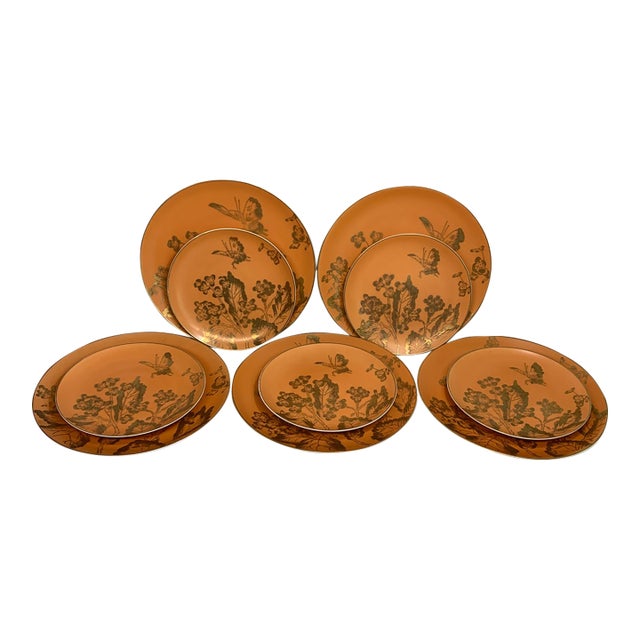 Mid 20th Century Chinoiserie Dorothy C. Thorpe "Persimmon" Orange & Gold Butterfly Plates - Set of 10 For Sale