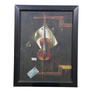 The Old Violin Still Life Oil Painting After William Michael Harnett Framed 28" For Sale