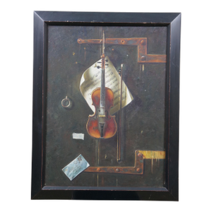 The Old Violin Still Life Oil Painting After William Michael Harnett Framed 28"