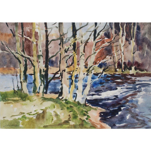 Edgars Vinters, Forest Landscape with River, Watercolor, 1980s For Sale - Image 6 of 6