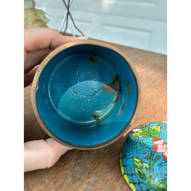 Metal Vintage Cloisonné Enameled Copper Jar With Lid For Sale - Image 7 of 8