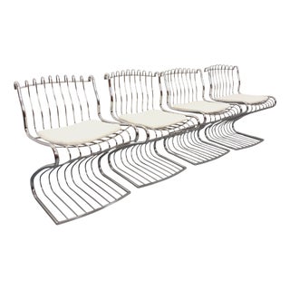 Vintage Italian Chairs in Chromed Metal and Bouclette Fabric Cushions by Gastone Rinaldi, 1970s, Set of 4 For Sale