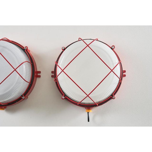 Industrial Red Marine Cage Lamps, 1970, Set of 2 For Sale - Image 3 of 5