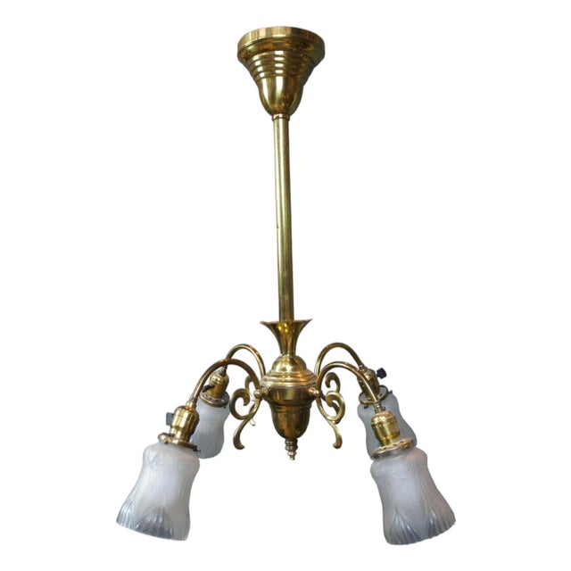 Antique Victorian Brass 4 Light Parlor Pendant Light Chandelier 28" For Sale