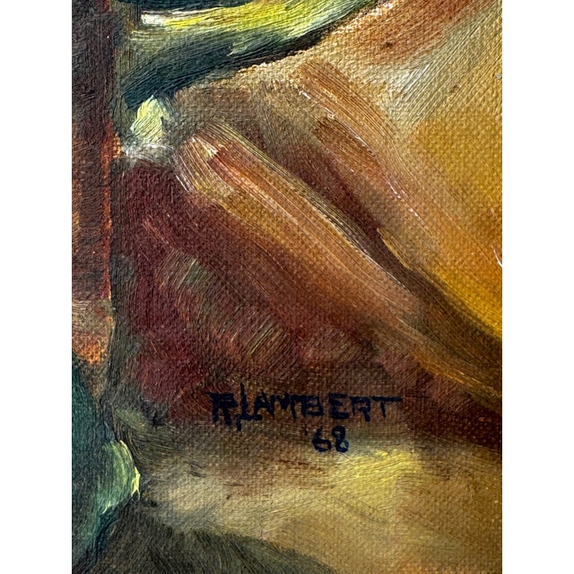 Vintage Mid Century Traditional Expressionist Still Life Original Oil Painting on Board, Yellow, Green & Goldenrod For Sale - Image 9 of 12