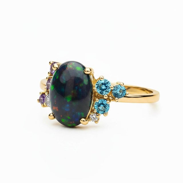 Metal Black Opal Multicolor Ring in 14k Gold, Size 7.5 For Sale - Image 7 of 9