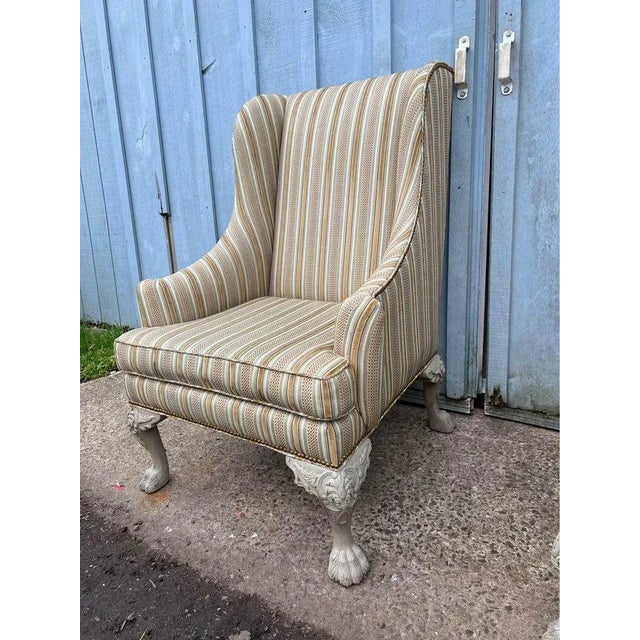 Late 20th Century Pair Georgian Style Carved Painted Feet Stripe Upholstered Wingback Armchairs Large Size For Sale - Image 9 of 13