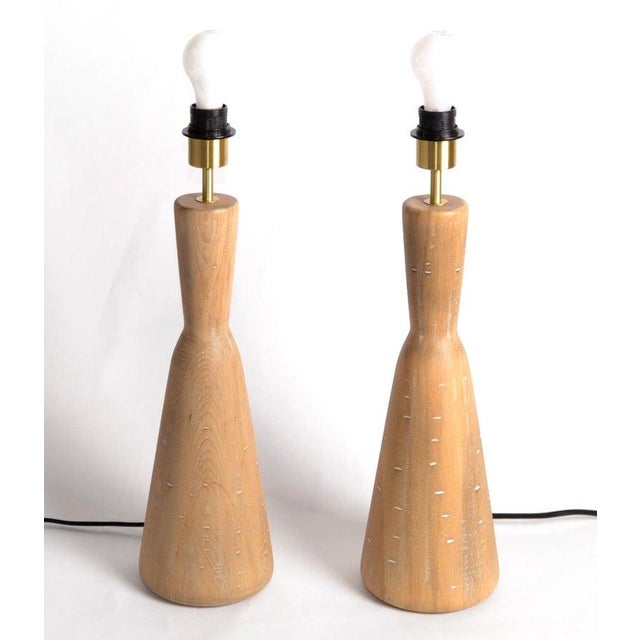 Pair of Vintage handcrafted turned hardwood Table Lamps of waisted quadrant Design. Handmade of solid Hardwood with Brass...