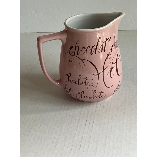 Vintage "Rosanna" pink and brown porcelain "hot chocolate" pitcher with chocolate written in Italian, French, Spanish,...