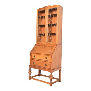 Antique English Art Deco Carved Oak Drop Front Secretary Desk With Leaded Glass Bookcase Hutch For Sale